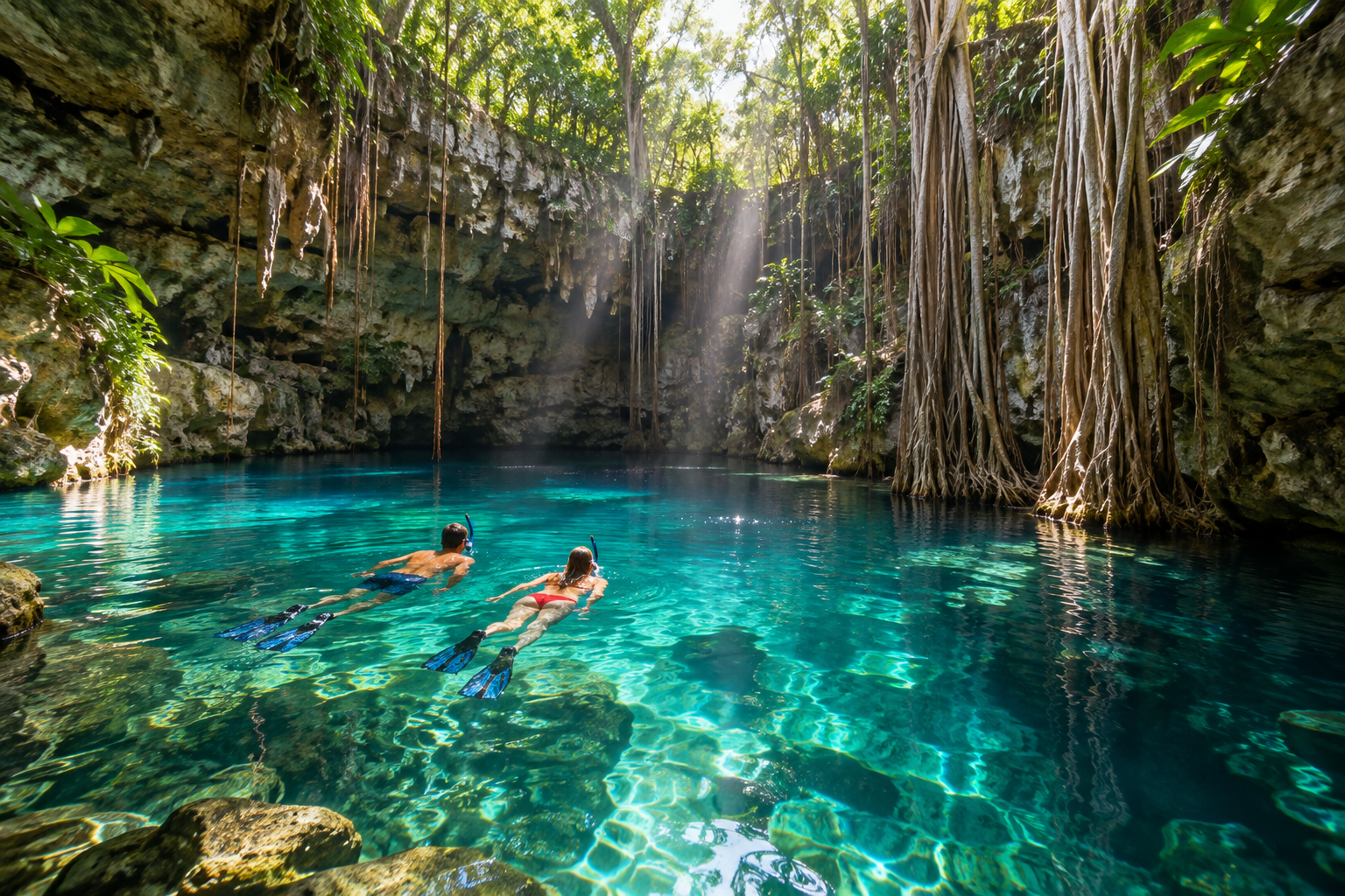 Viajeros practicando snorkel en un cenote de la Riviera Maya