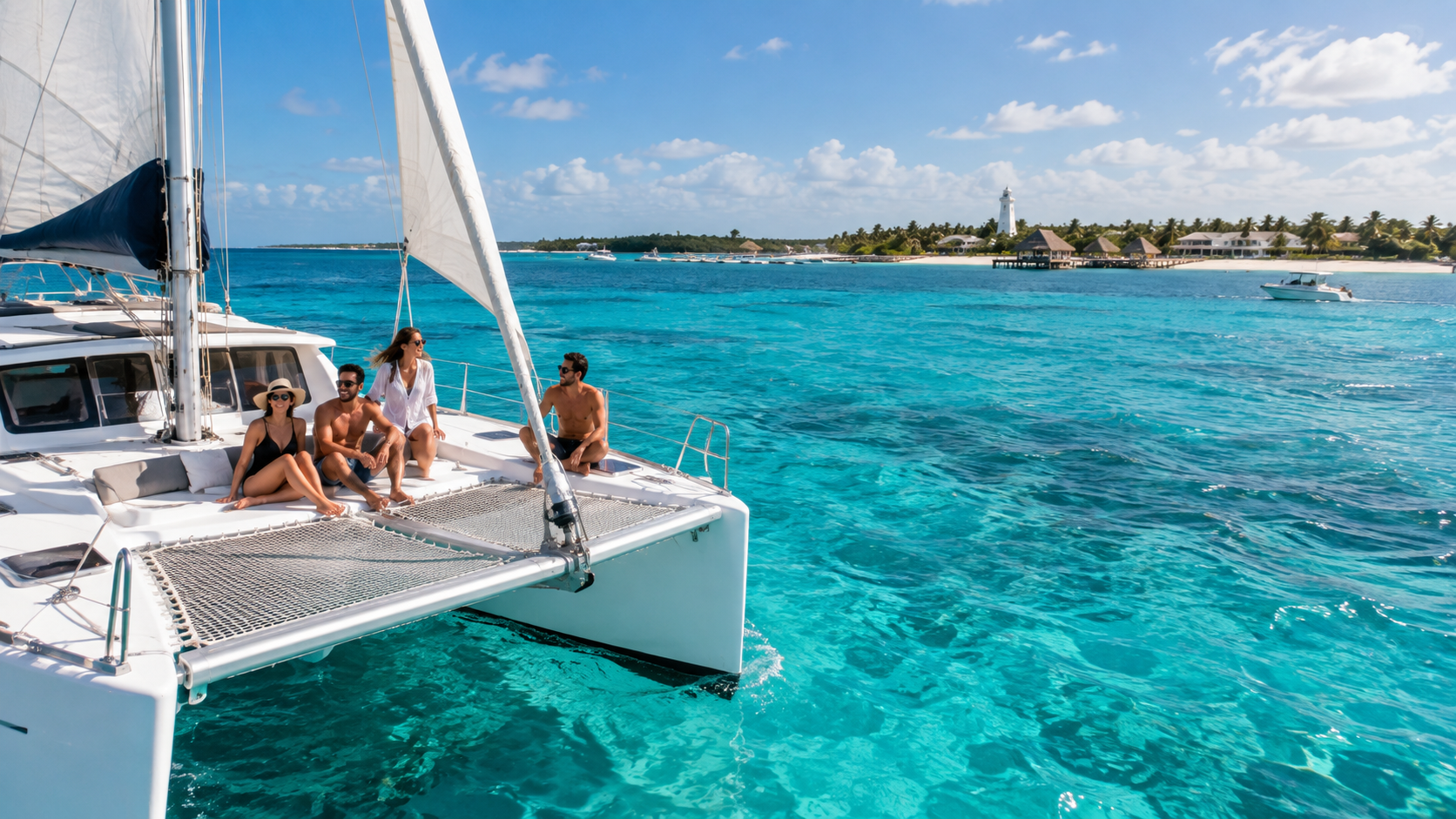 Catamarán navegando por el mar turquesa cerca de Isla Mujeres